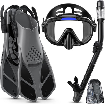 Adults Snorkel Set | With Adjustable Flippers, Diving Set with Snorkel Mask