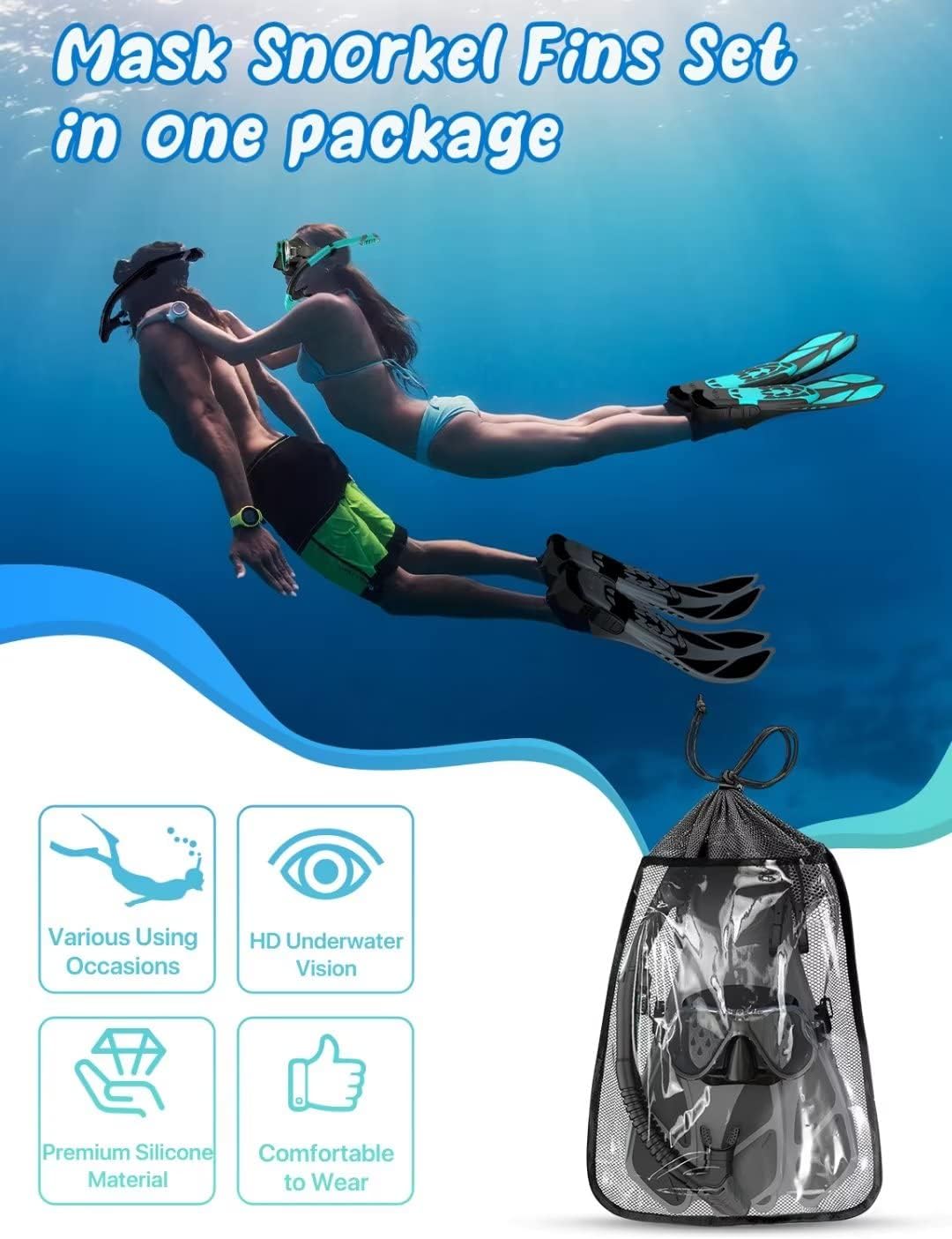Adults Mask Fins Snorkel Set Beginner-Friendly Snorkeling Gear