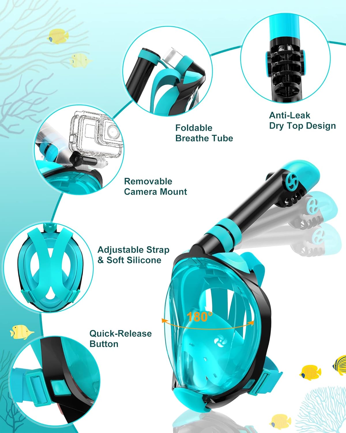 Full Face Snorkel Mask & Adjustable Swim Fins Snorkel Kit for Adults
