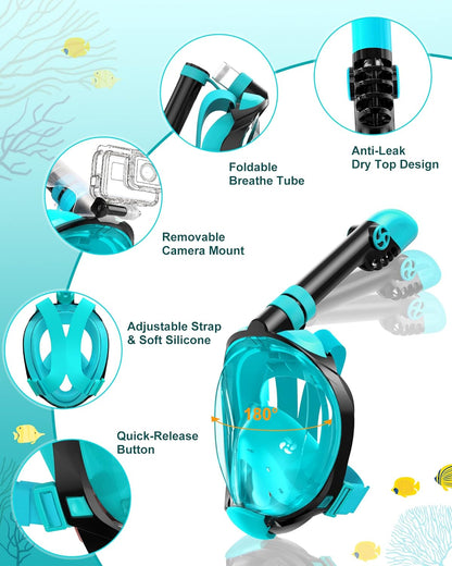 Full Face Snorkel Mask & Adjustable Swim Fins Snorkel Kit for Adults
