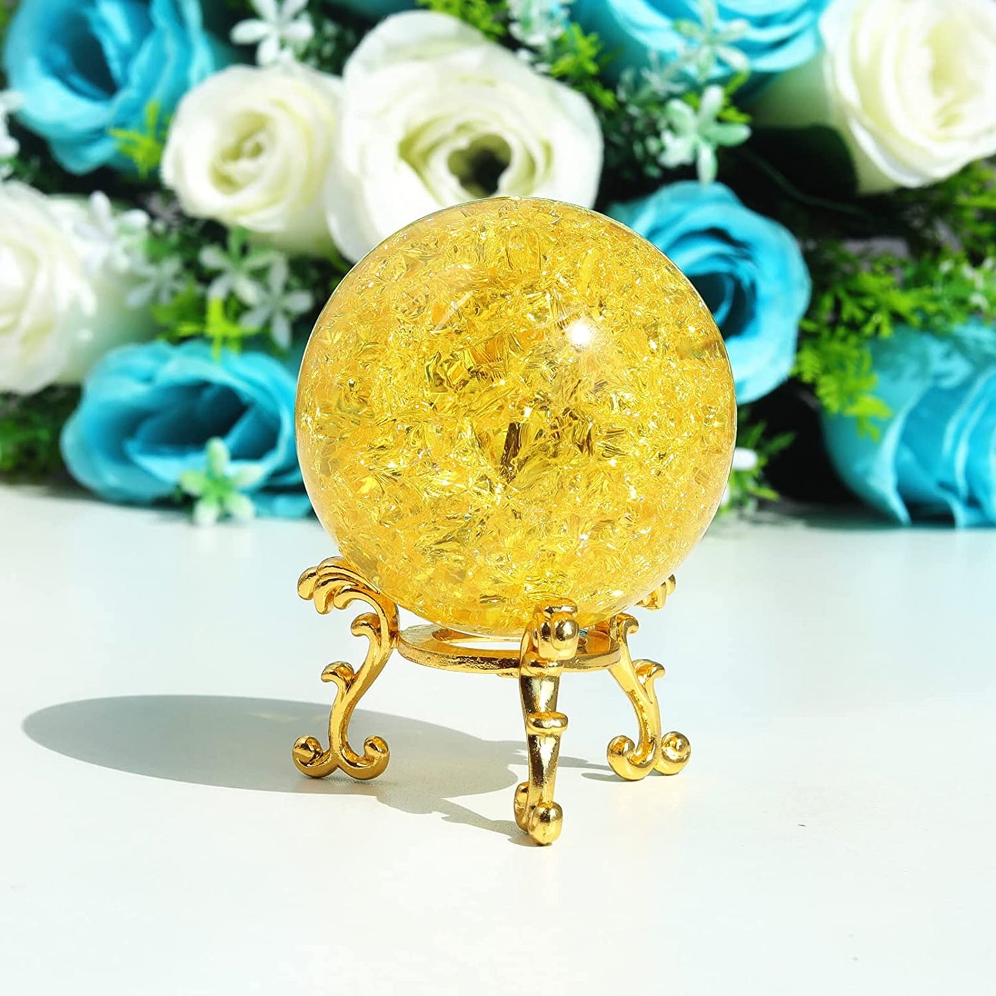 60mm Yellow Crystal Crackle Ball with Golden Stand