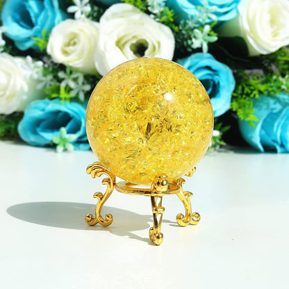 60mm Yellow Crystal Crackle Ball with Golden Stand