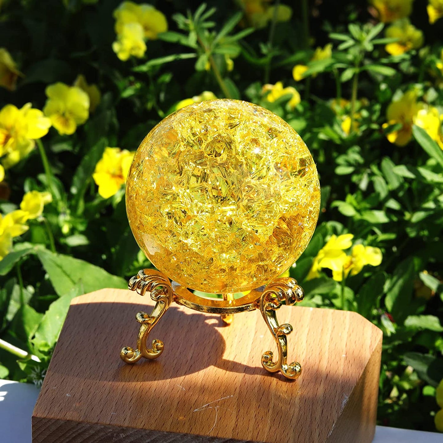 60mm Yellow Crystal Crackle Ball with Golden Stand