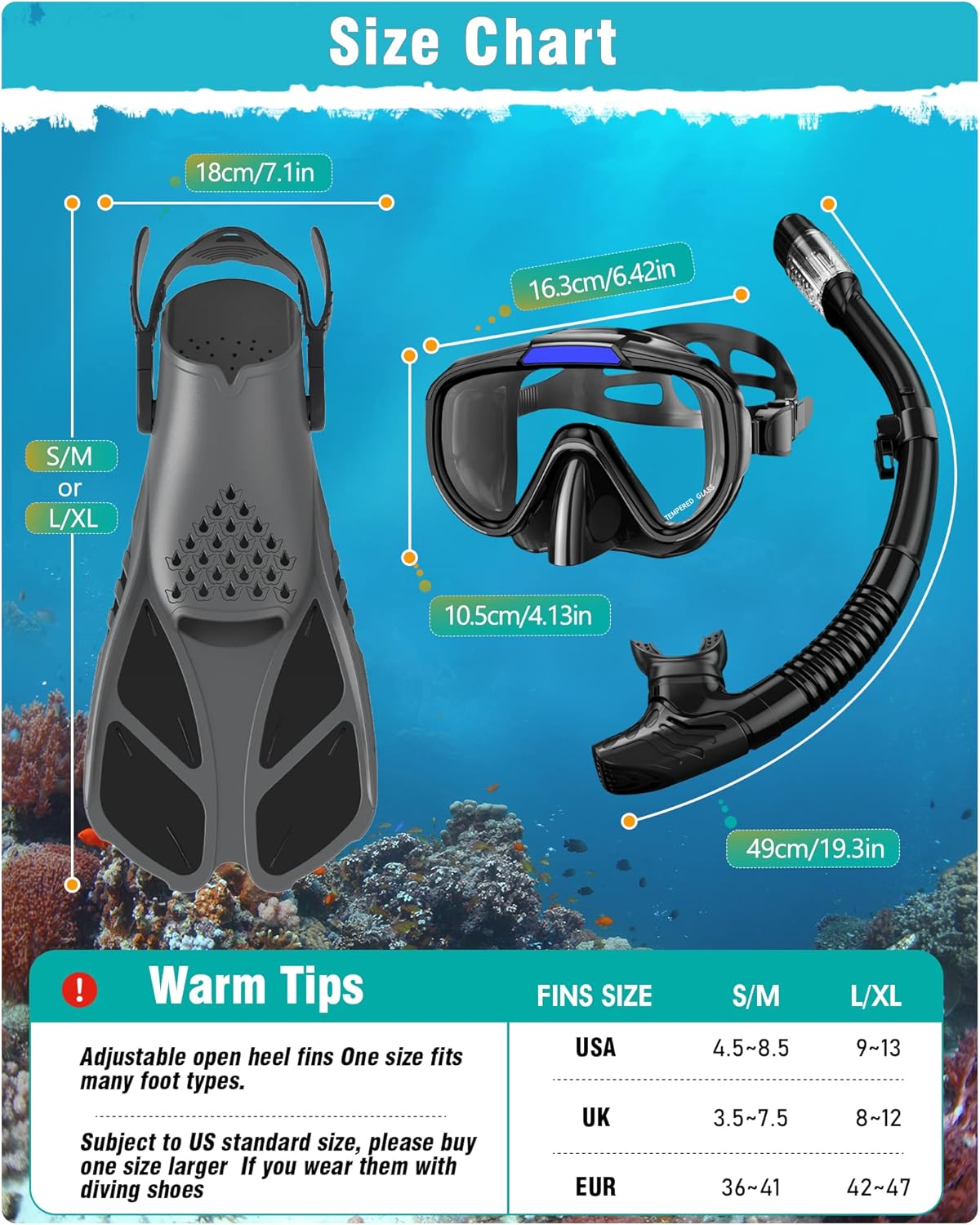 Adults Snorkel Set | With Adjustable Flippers, Diving Set with Snorkel Mask