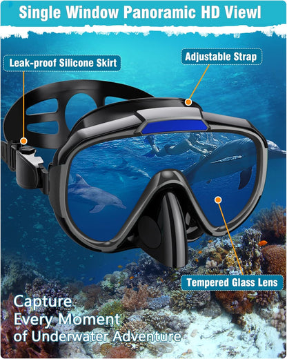 Adults Snorkel Set | With Adjustable Flippers, Diving Set with Snorkel Mask
