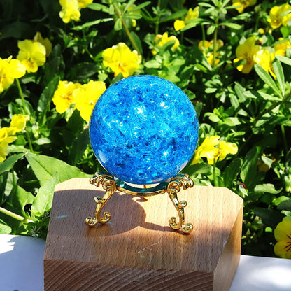 60mm Aqua Blue Crystal Crackle Ball with Golden Stand