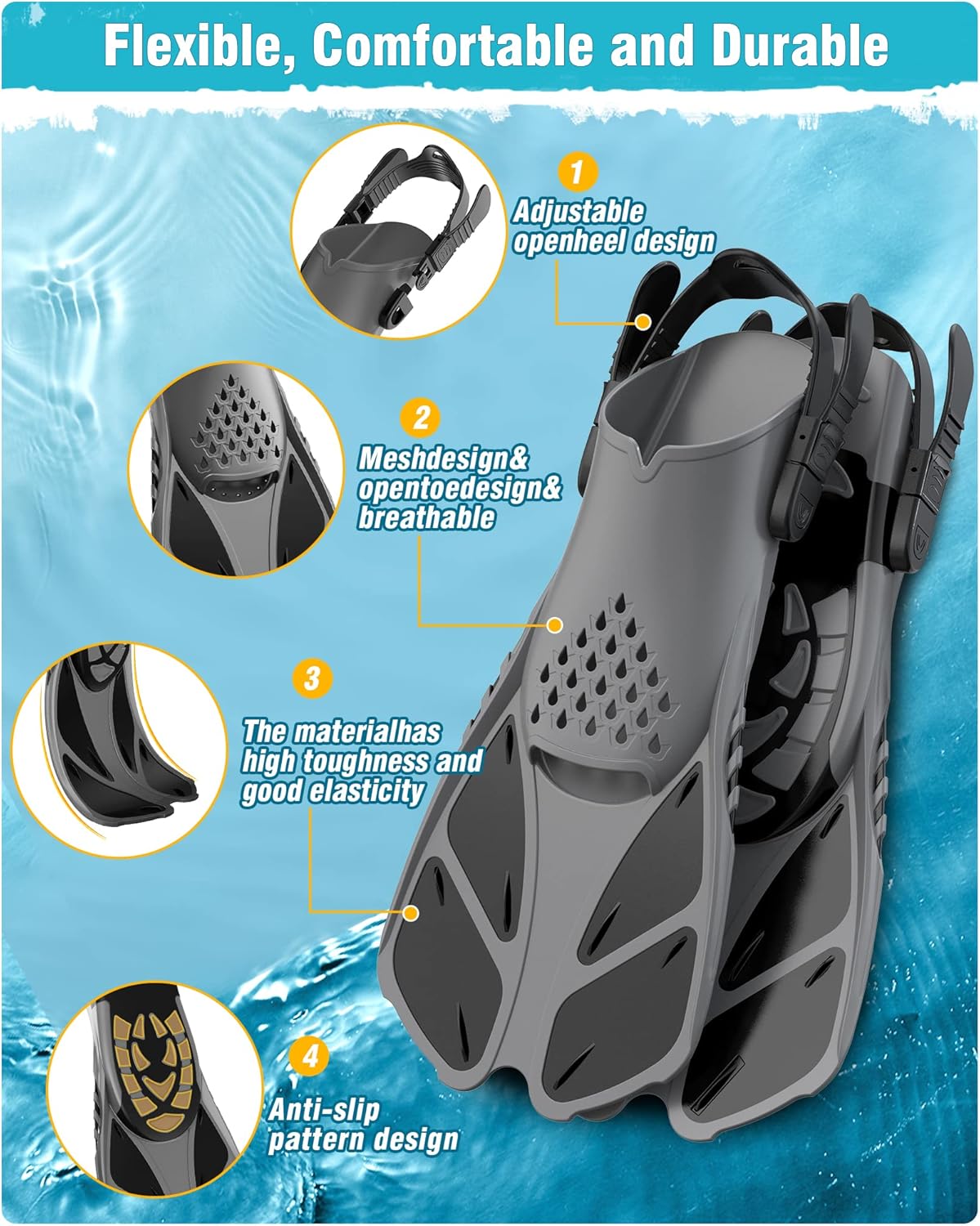 Adults Snorkel Set | With Adjustable Flippers, Diving Set with Snorkel Mask
