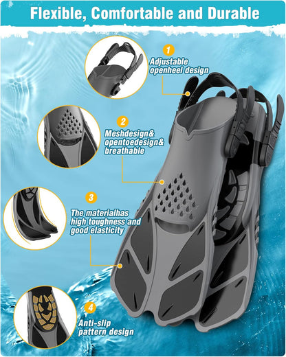 Adults Snorkel Set | With Adjustable Flippers, Diving Set with Snorkel Mask