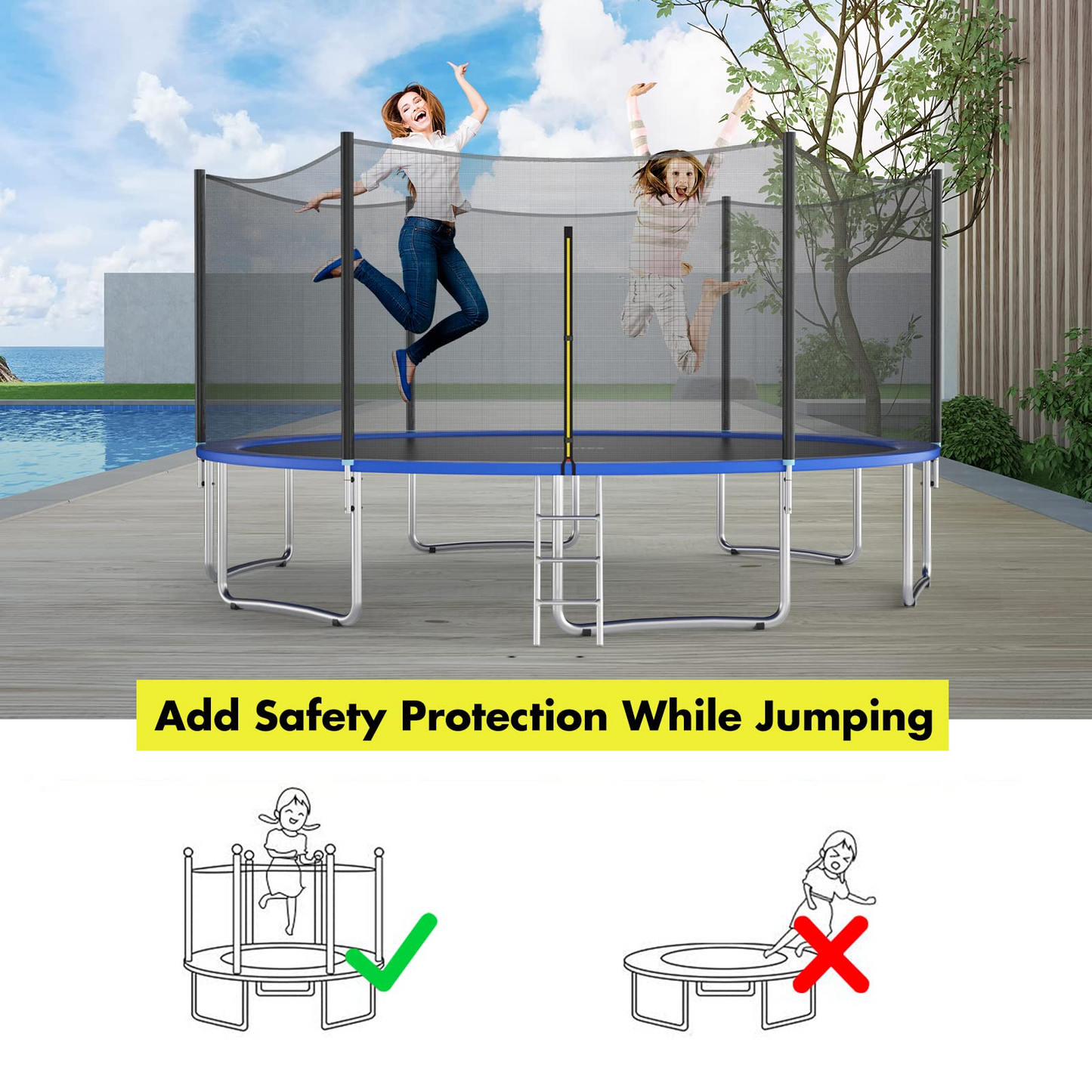 Trampoline Safety Net, 8 10 12 14 15 16Ft Weather-Resistant Replacement Enclosure Net for Round Frame