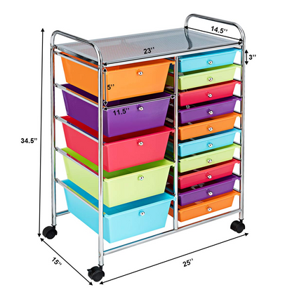 15-Drawer Organizer Cart Office School Rolling Storage Cart