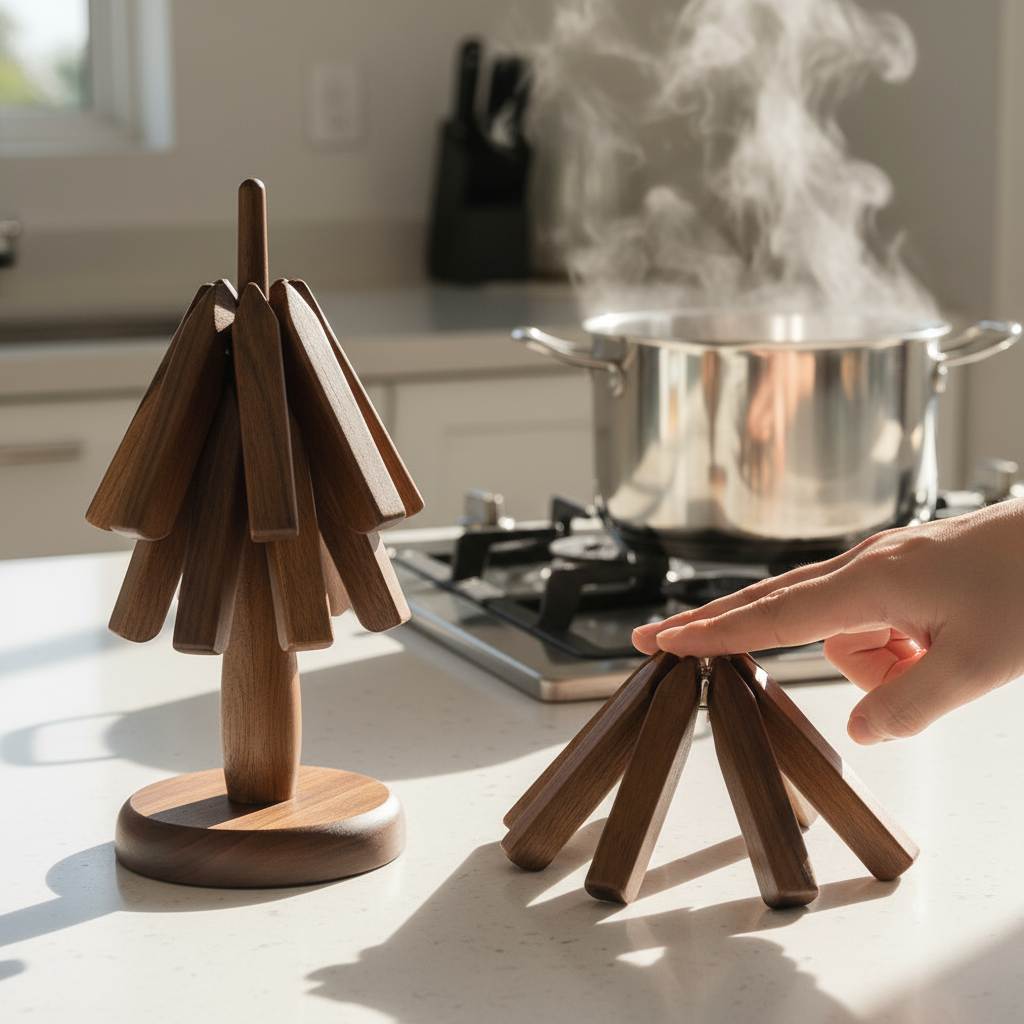 Wood Collapsible Hot Pad Trivet Tree