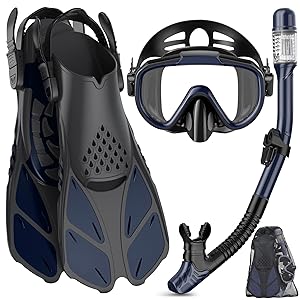 Adults Snorkel Set | With Adjustable Flippers, Diving Set with Snorkel Mask
