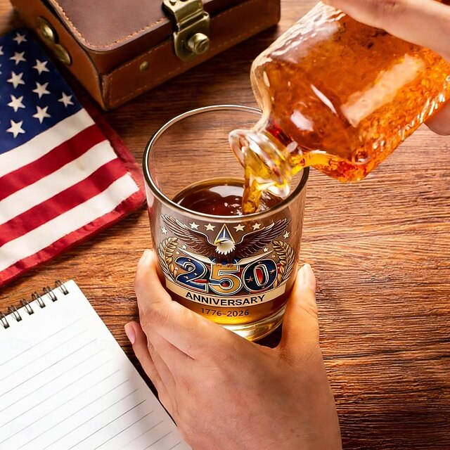 USA 250th Anniversary Eagle with Flag Whiskey Glass Cup, 1776-2026 Edition Whiskey Bottle, 12oz for Liquor, Patriotic Military Veteran Gift for Men, Dad, Husband, Anniversary & Retirement Decoration