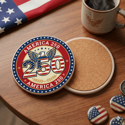 America 250 Patriotic Ceramic Coaster — USA Anniversary Eagle Flag Design (1 pc)