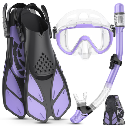 Adults Snorkel Set | With Adjustable Flippers, Diving Set with Snorkel Mask