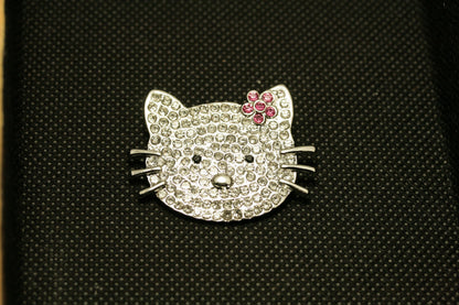 Silver Hello Kitty Rhinestone Brooch, Cat Pin with Pink Flower Kitty Bling, Crystal Hello Kitty Earrings