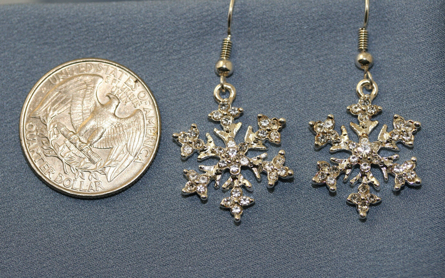 Rhinestone French Hook Snowflake Earrings, Silver Plated Christmas Crystal Snow Flake Dangling Earring, Holiday Fashion Jewelry Gift