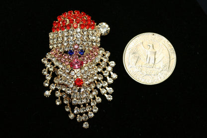 Vintage Sparkly Rhinestone Santa Claus Face Brooch Pin and Earrings Set,  Xmas Holiday Jewelry Gift