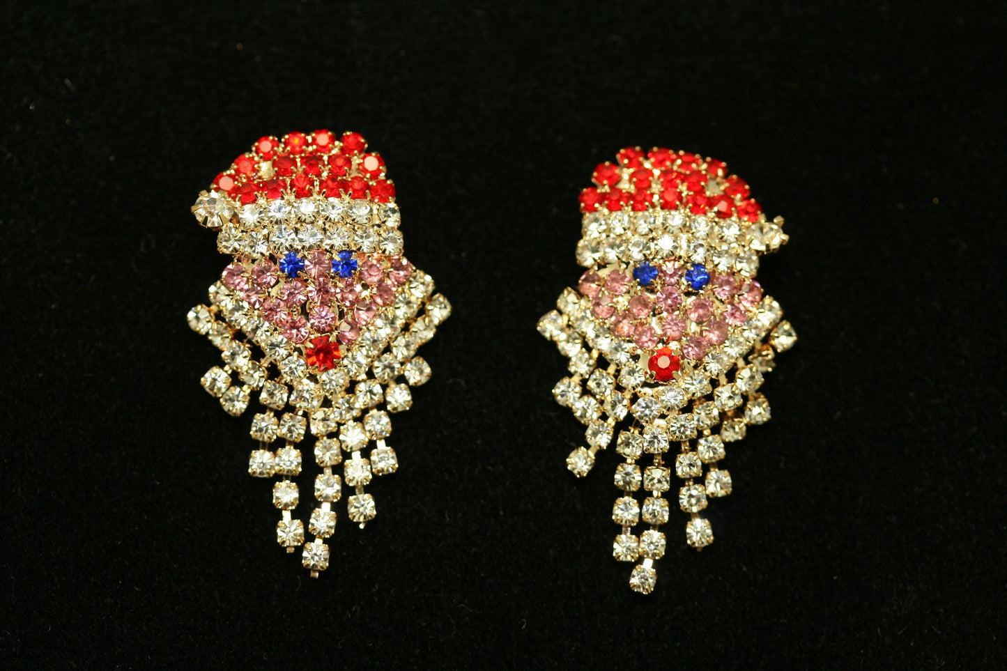 Vintage Sparkly Rhinestone Santa Claus Face Brooch Pin and Earrings Set,  Xmas Holiday Jewelry Gift