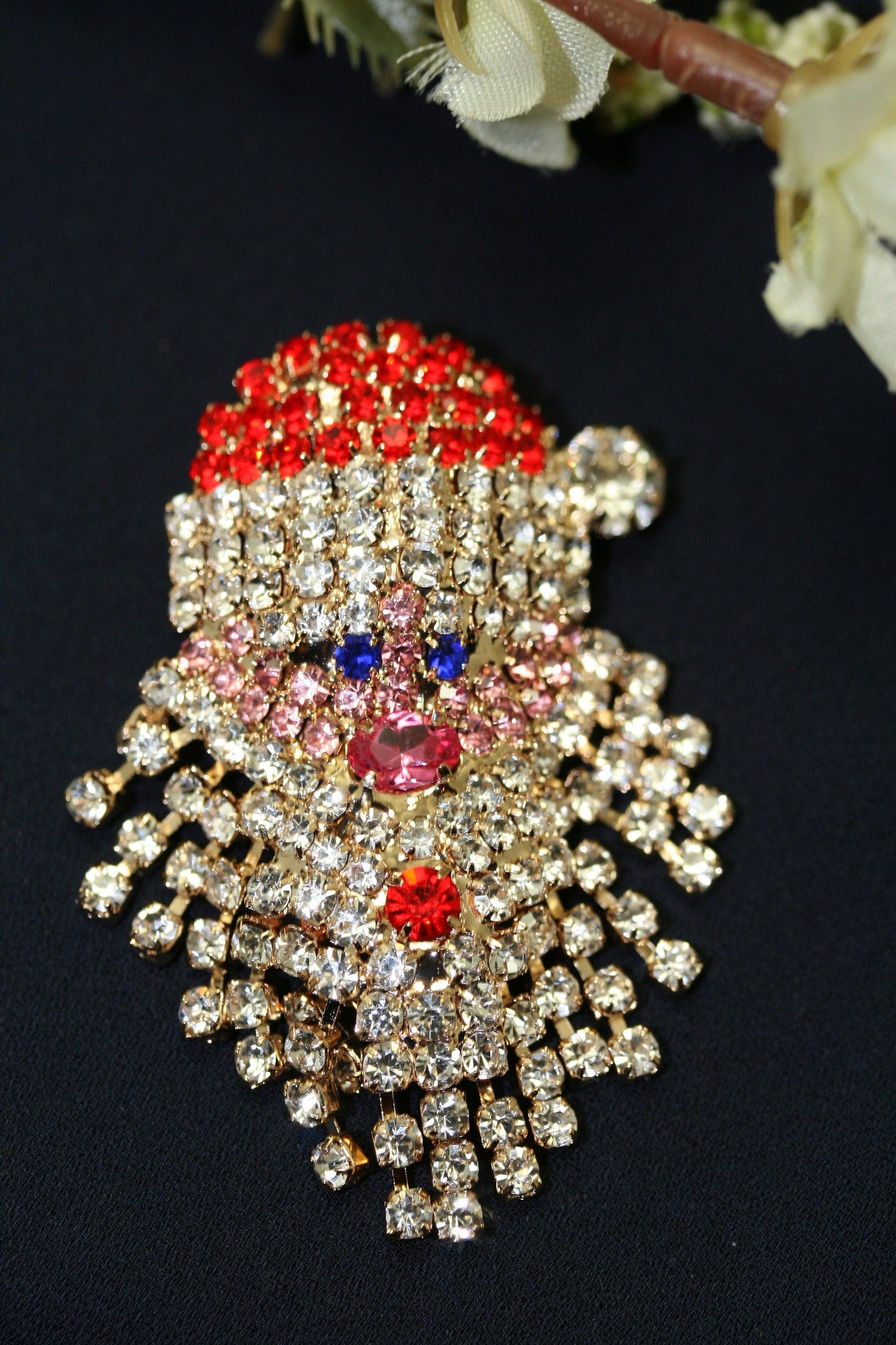 Vintage Sparkly Rhinestone Santa Claus Face Brooch Pin and Earrings Set,  Xmas Holiday Jewelry Gift