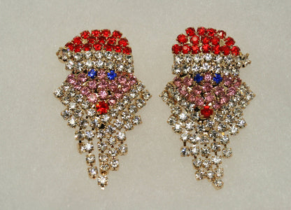 Vintage Sparkly Rhinestone Santa Claus Face Brooch Pin and Earrings Set,  Xmas Holiday Jewelry Gift