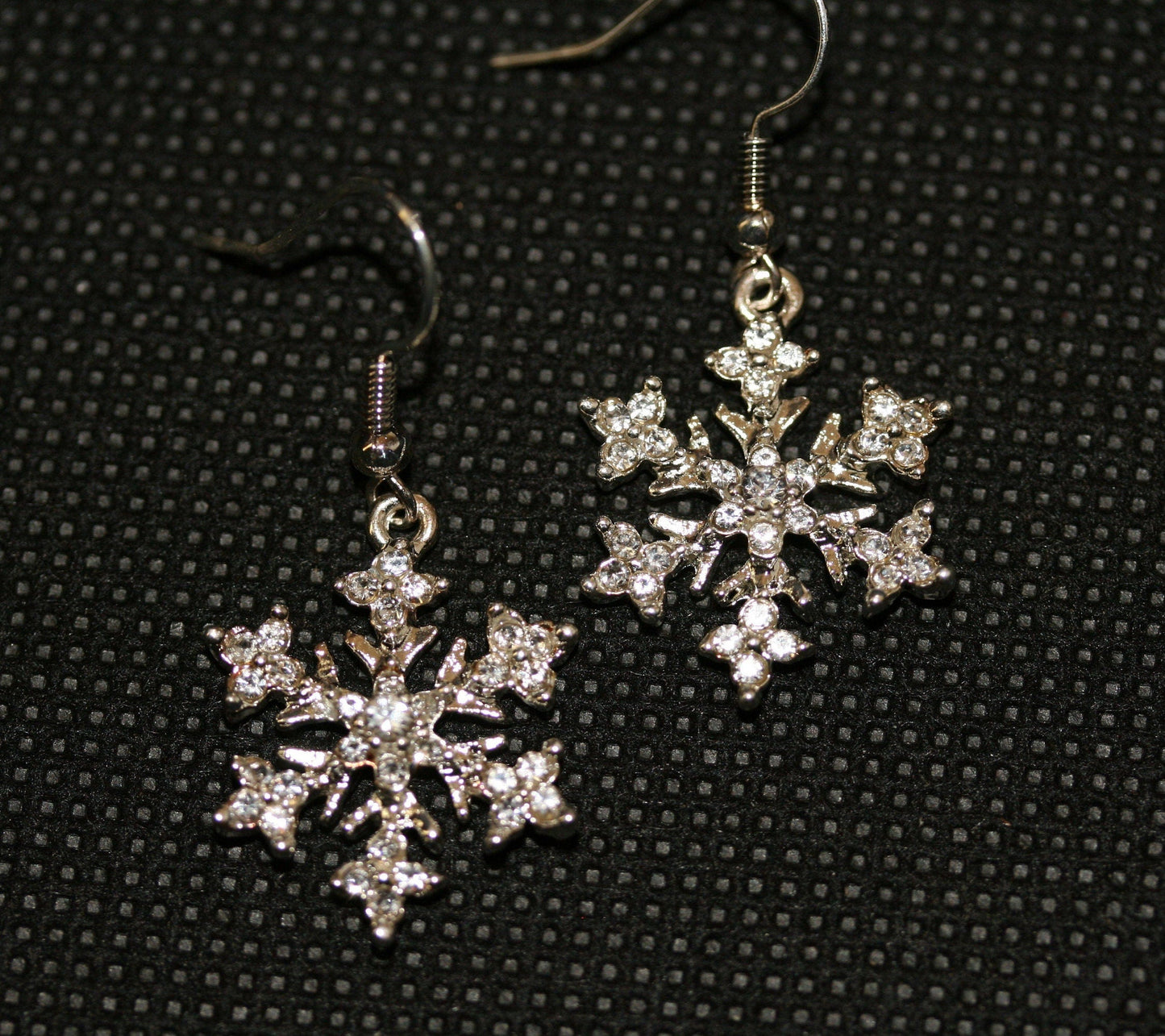 Rhinestone French Hook Snowflake Earrings, Silver Plated Christmas Crystal Snow Flake Dangling Earring, Holiday Fashion Jewelry Gift