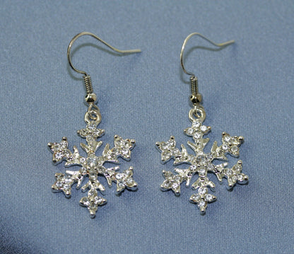 Rhinestone French Hook Snowflake Earrings, Silver Plated Christmas Crystal Snow Flake Dangling Earring, Holiday Fashion Jewelry Gift