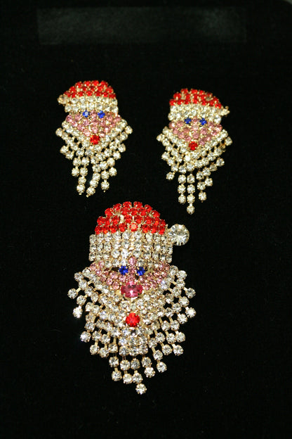 Vintage Sparkly Rhinestone Santa Claus Face Brooch Pin and Earrings Set,  Xmas Holiday Jewelry Gift
