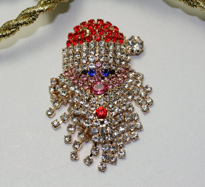 Vintage Sparkly Rhinestone Santa Claus Face Brooch Pin and Earrings Set,  Xmas Holiday Jewelry Gift