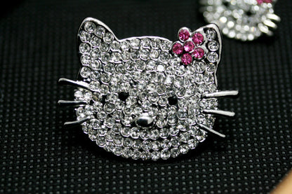 Silver Hello Kitty Rhinestone Brooch, Cat Pin with Pink Flower Kitty Bling, Crystal Hello Kitty Earrings