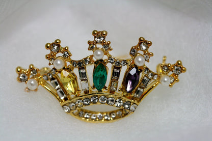 CROWN Pin Mardi Gras RHINESTONE Crystal Brooch, Crown Brooch with Peral Pin, Crystal Crown Brooch Jewelry
