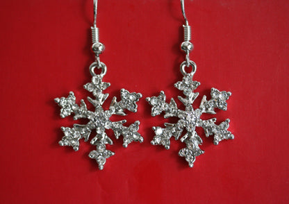 Rhinestone French Hook Snowflake Earrings, Silver Plated Christmas Crystal Snow Flake Dangling Earring, Holiday Fashion Jewelry Gift