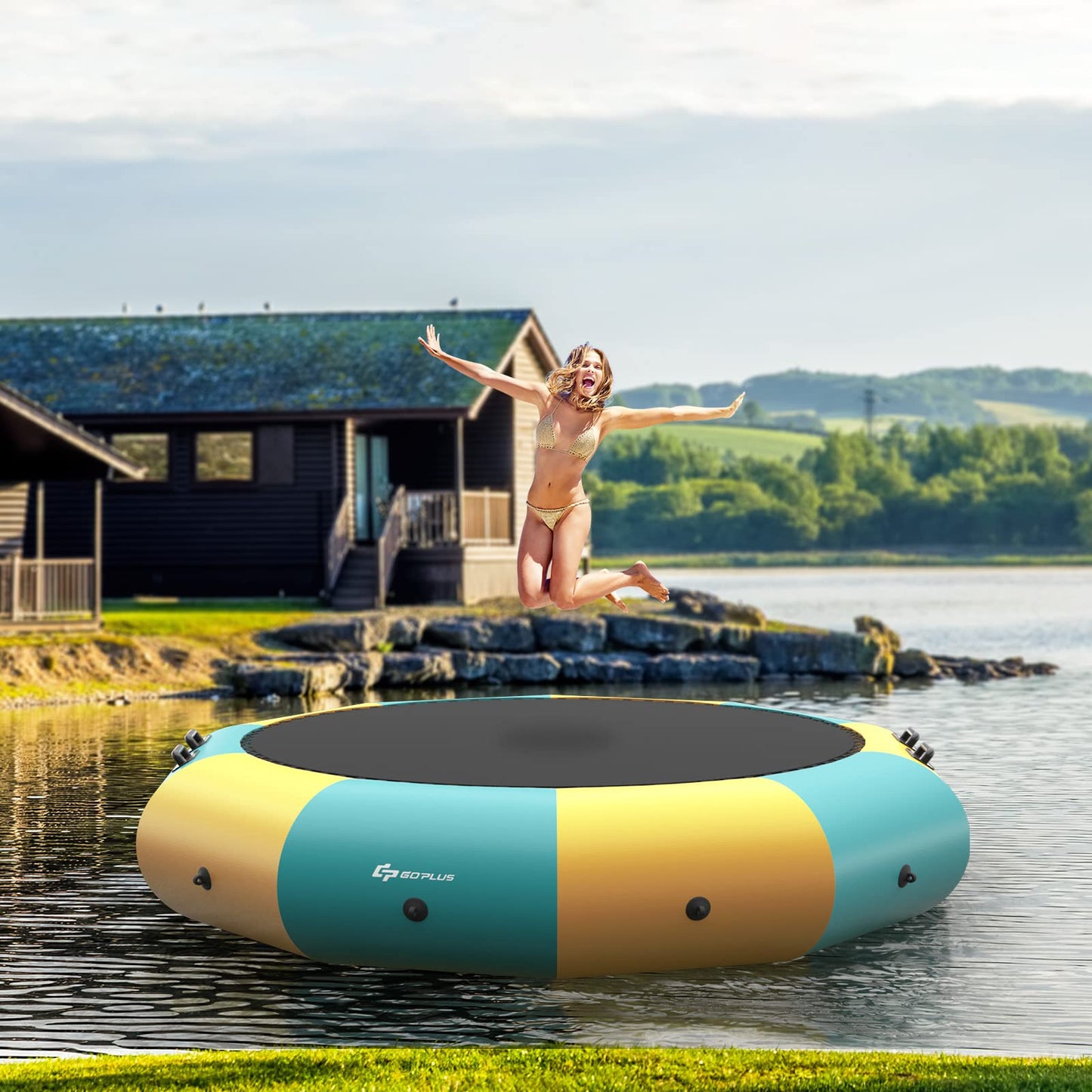 Inflatable Water Trampoline, 10FT/12FT/15FT Recreational Water Bouncer w/ Electric Inflator