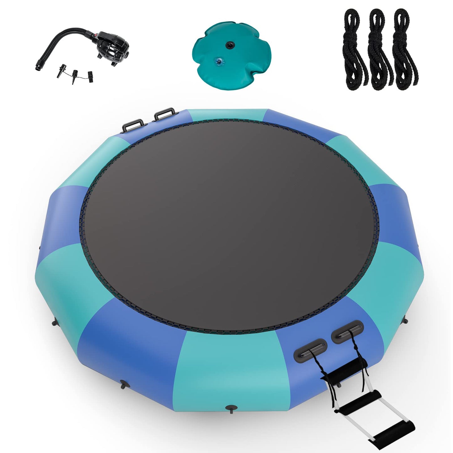 10Ft 12Ft 15Ft Inflatable Water Trampoline, Floating Rebounder Trampoline with 500W Blower and 3-Step Rope Ladder