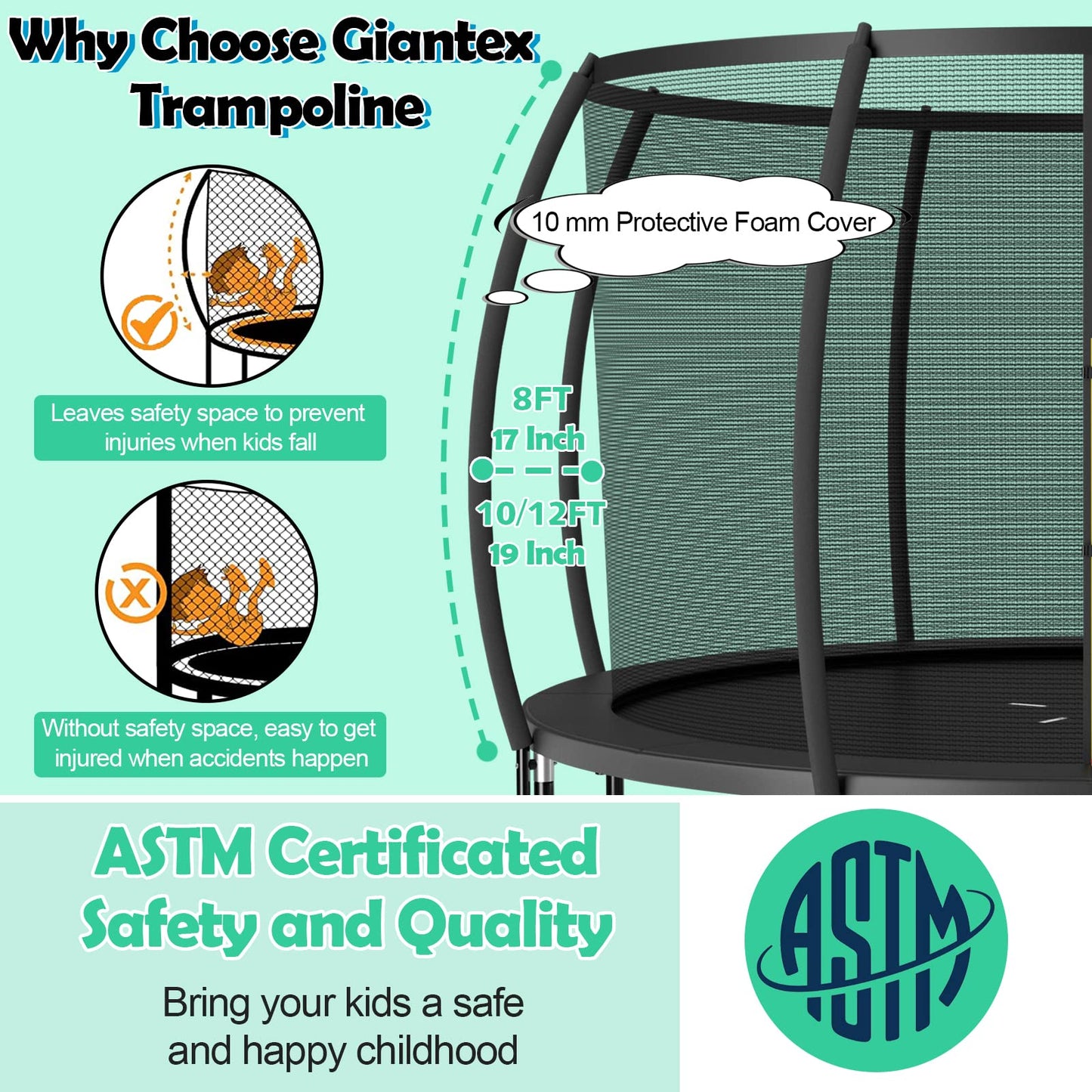 8FT 10FT 12FT Trampoline with Enclosure, ASTM Approved Outdoor Large Trampoline with Ladder