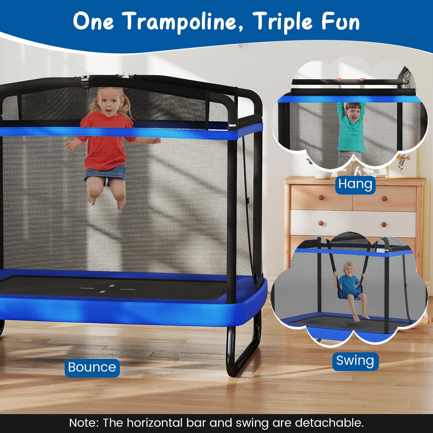 Rectangle Trampoline for Kids 70” Toddler Rebounder with Detachable Swing
