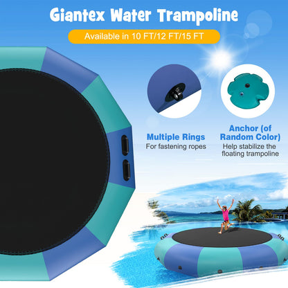 10Ft 12Ft 15Ft Inflatable Water Trampoline, Floating Rebounder Trampoline with 500W Blower and 3-Step Rope Ladder