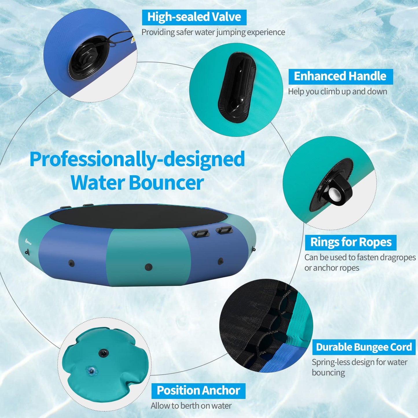 Inflatable Water Trampoline, 10FT/12FT/15FT Recreational Water Bouncer w/ Electric Inflator