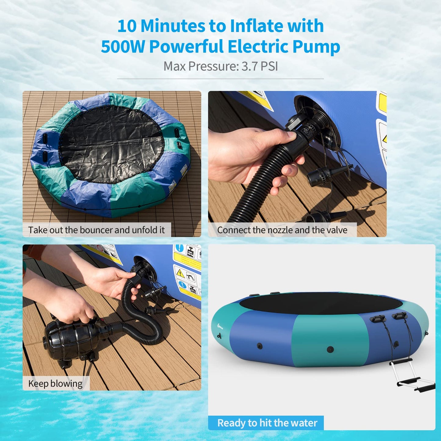 Inflatable Water Trampoline, 10FT/12FT/15FT Recreational Water Bouncer w/ Electric Inflator