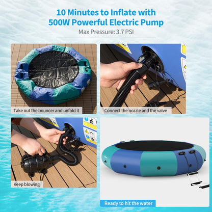 Inflatable Water Trampoline, 10FT/12FT/15FT Recreational Water Bouncer w/ Electric Inflator
