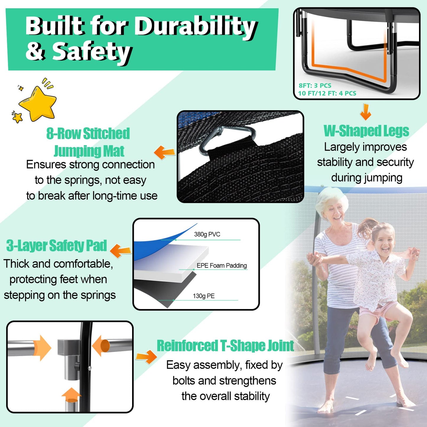 8FT 10FT 12FT Trampoline with Enclosure, ASTM Approved Outdoor Large Trampoline with Ladder