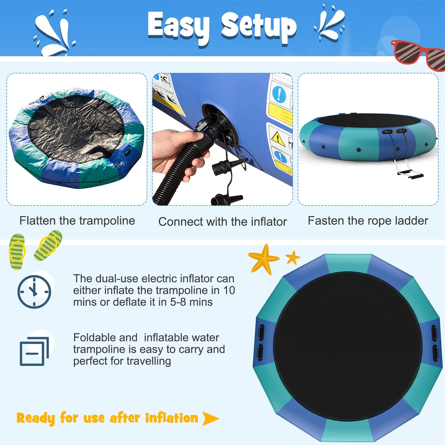 10Ft 12Ft 15Ft Inflatable Water Trampoline, Floating Rebounder Trampoline with 500W Blower and 3-Step Rope Ladder