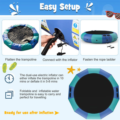 10Ft 12Ft 15Ft Inflatable Water Trampoline, Floating Rebounder Trampoline with 500W Blower and 3-Step Rope Ladder