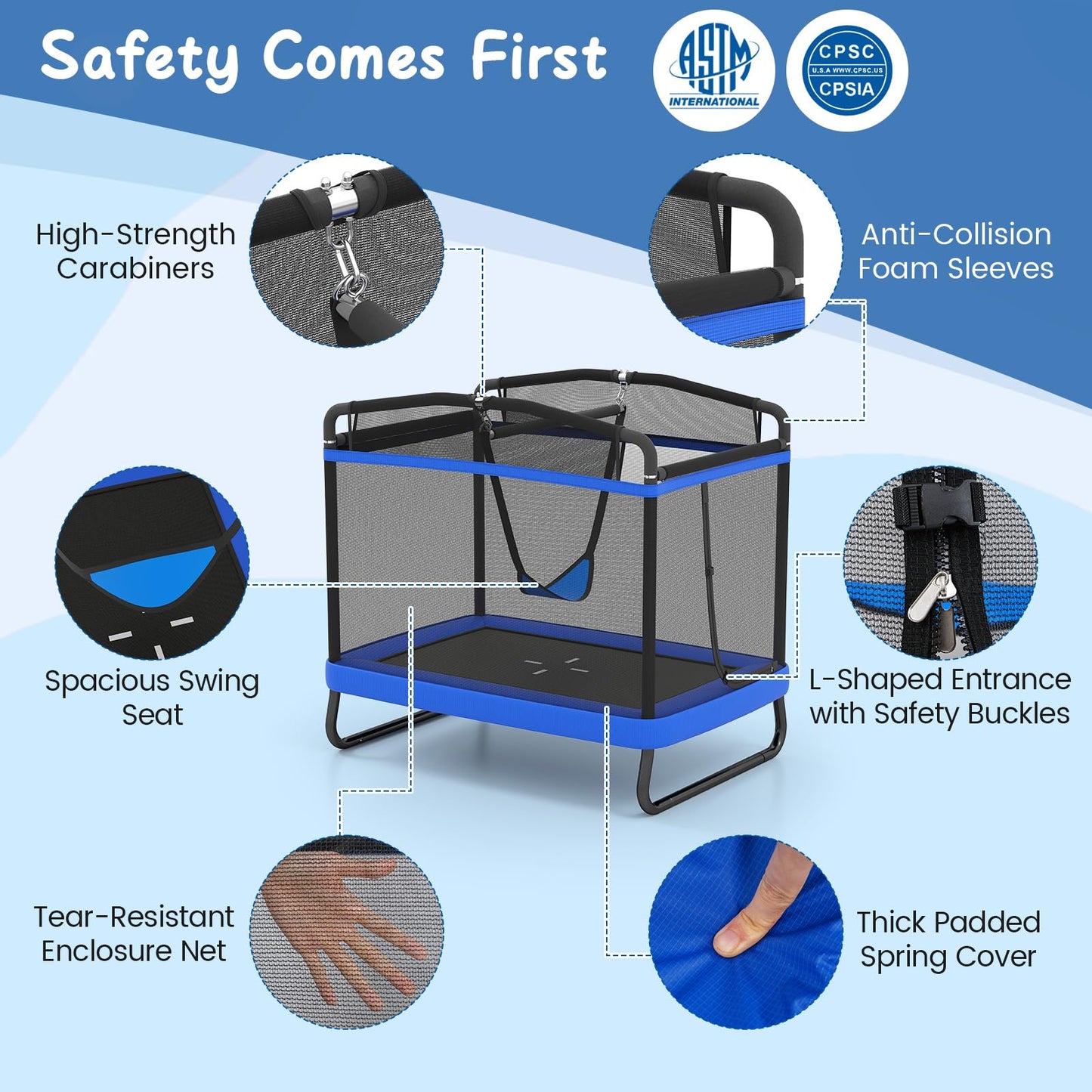 Rectangle Trampoline for Kids 70” Toddler Rebounder with Detachable Swing