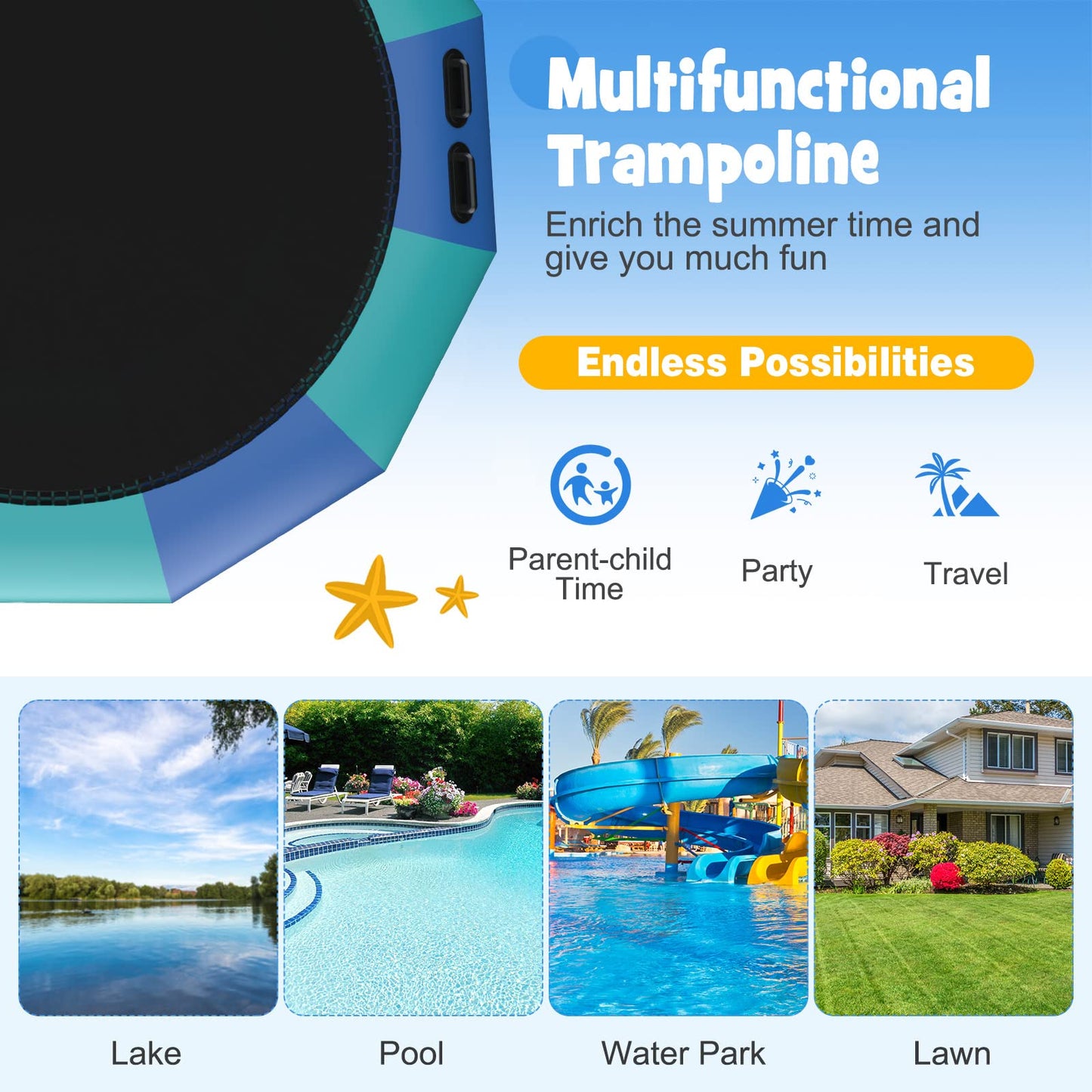 10Ft 12Ft 15Ft Inflatable Water Trampoline, Floating Rebounder Trampoline with 500W Blower and 3-Step Rope Ladder