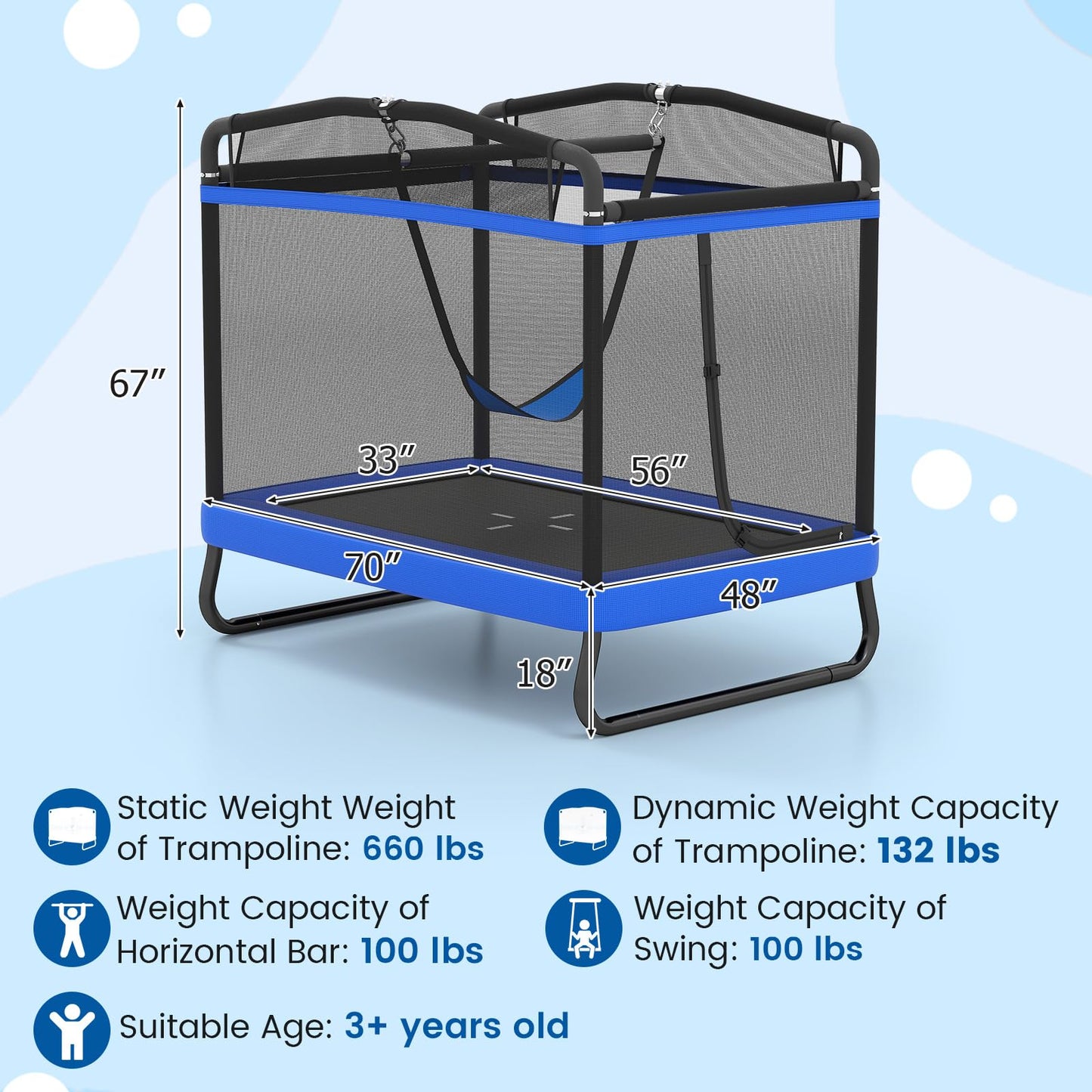 Rectangle Trampoline for Kids 70” Toddler Rebounder with Detachable Swing