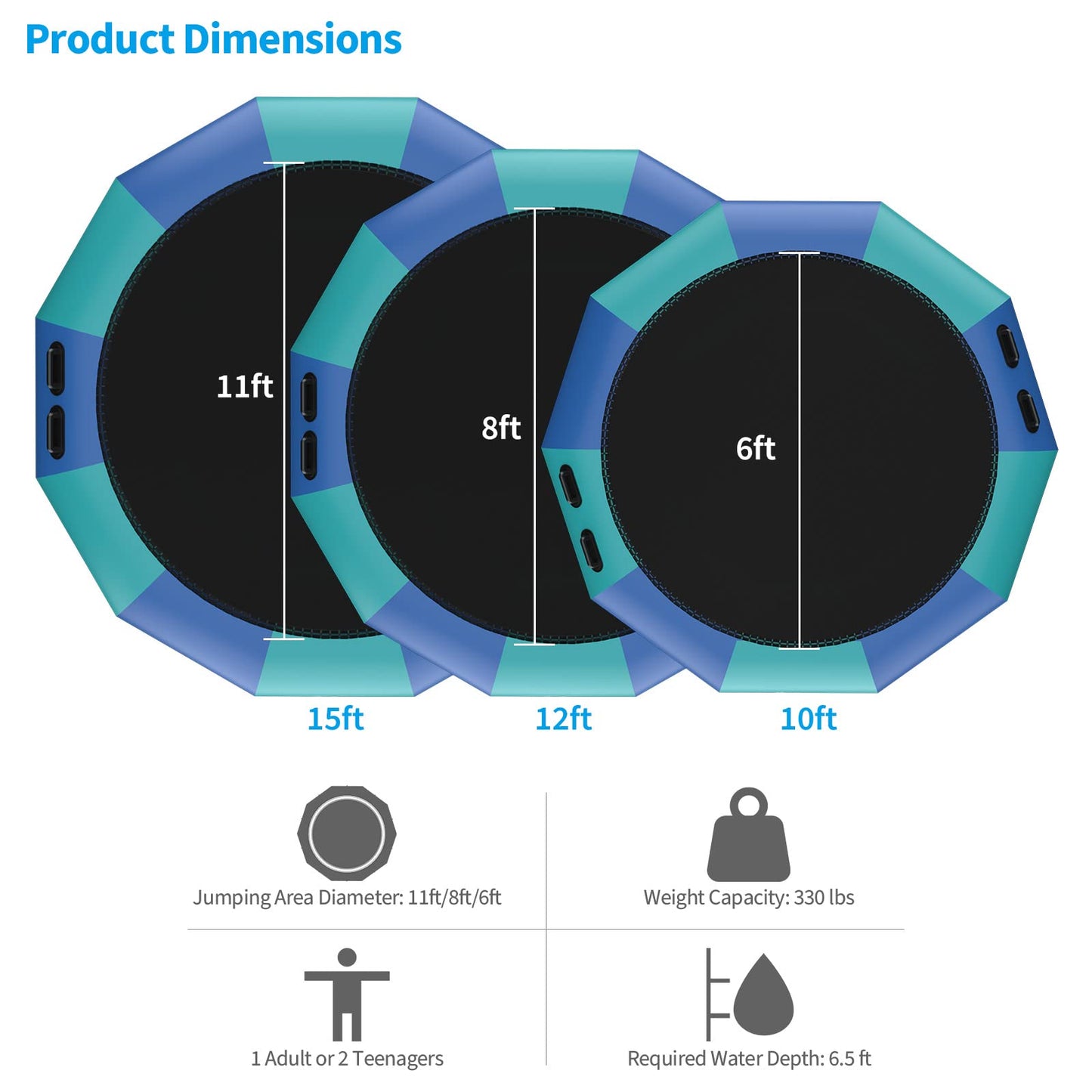 Inflatable Water Trampoline, 10FT/12FT/15FT Recreational Water Bouncer w/ Electric Inflator