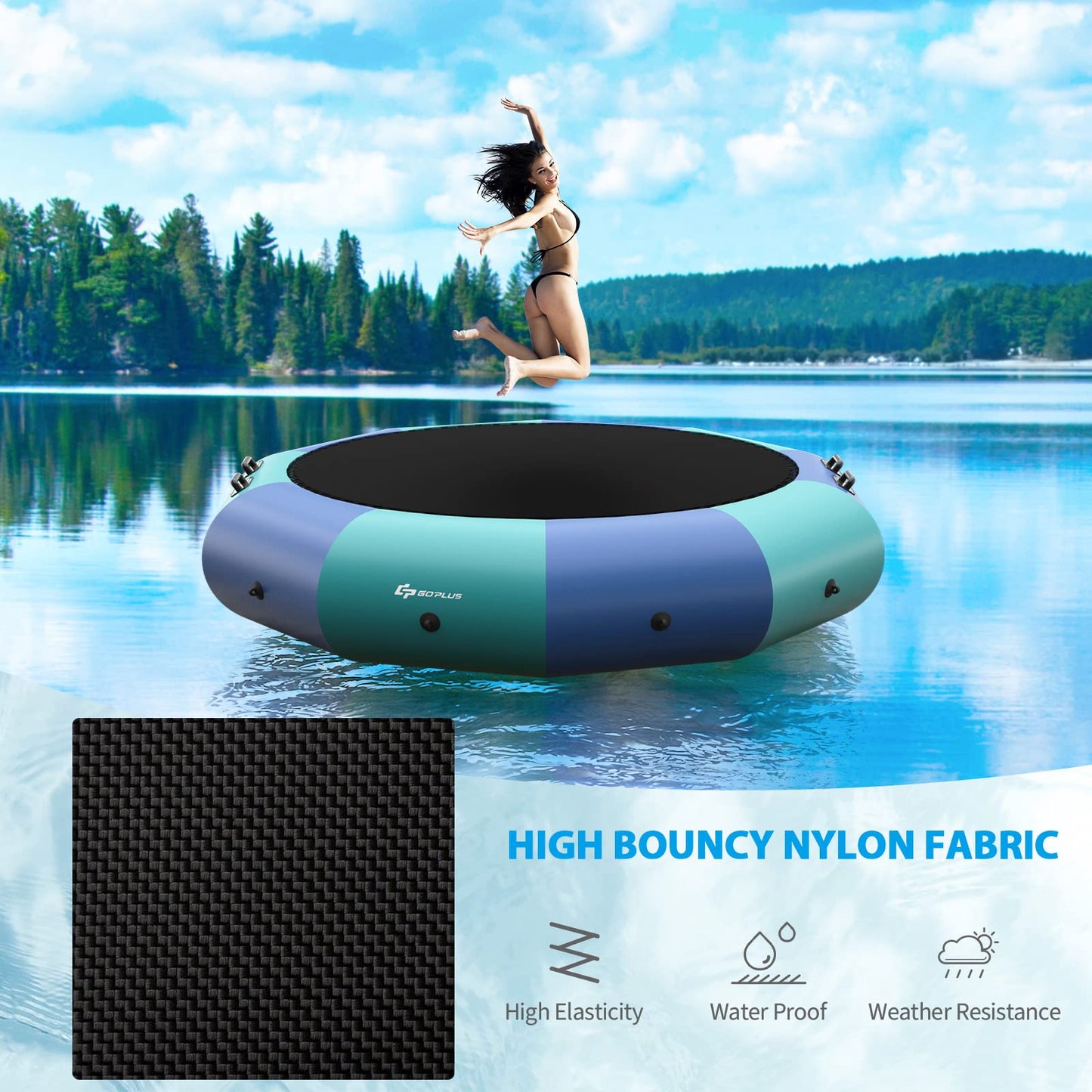 Inflatable Water Trampoline, 10FT/12FT/15FT Recreational Water Bouncer w/ Electric Inflator