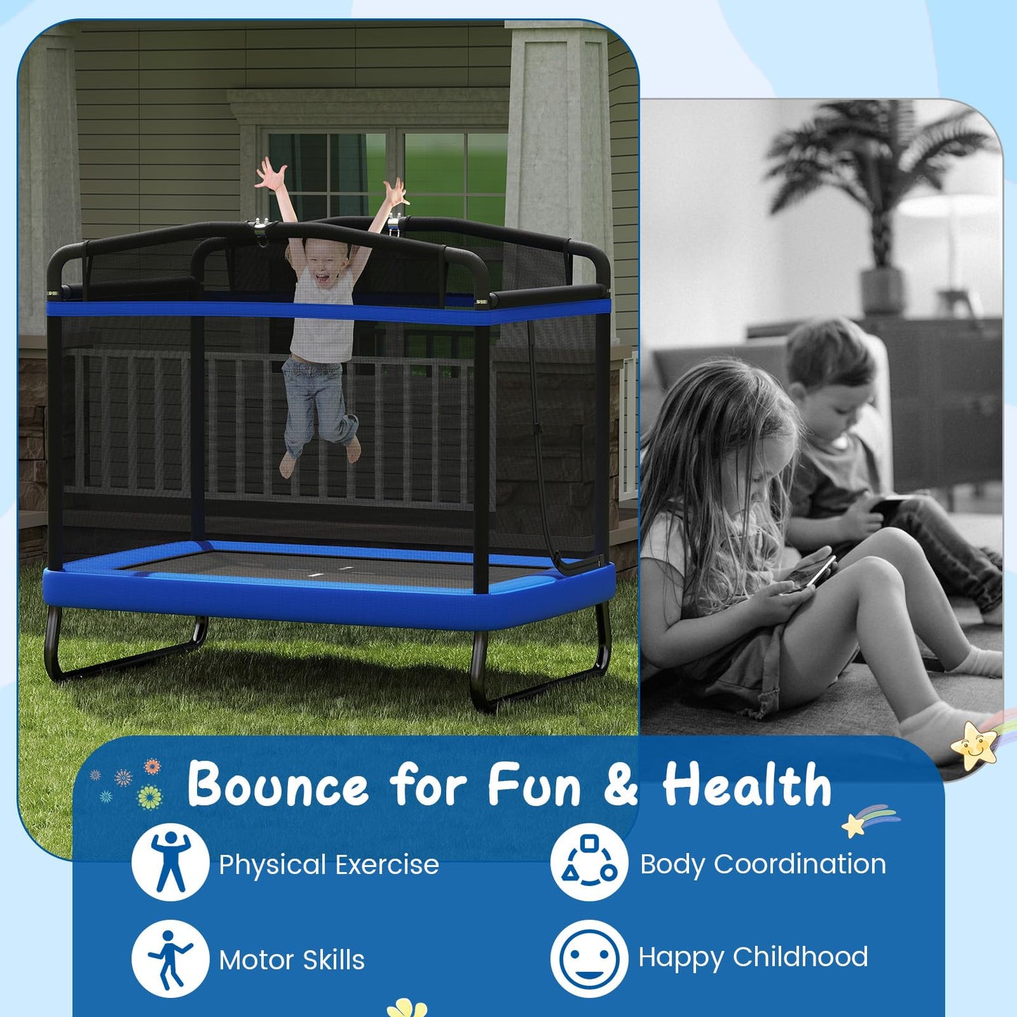 Rectangle Trampoline for Kids 70” Toddler Rebounder with Detachable Swing