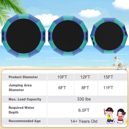 10Ft 12Ft 15Ft Inflatable Water Trampoline, Floating Rebounder Trampoline with 500W Blower and 3-Step Rope Ladder